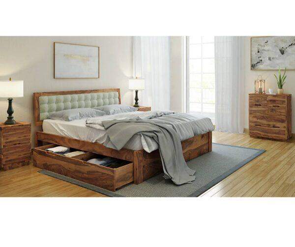 Bed solid Teak Wood Framed With Headboard Tufted Cushion