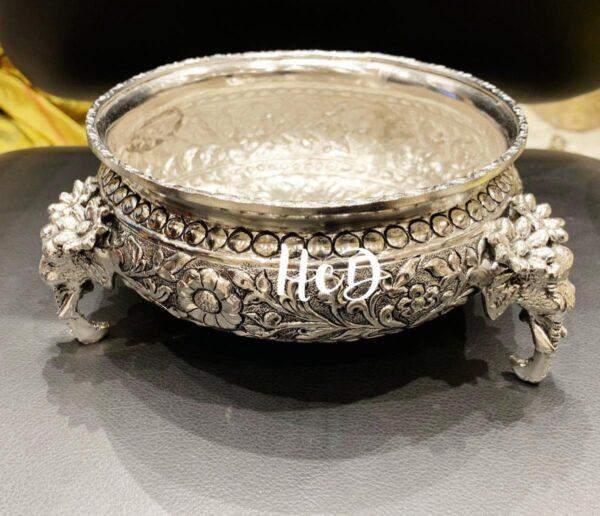 German Silver Urli with floral and elephant carvings