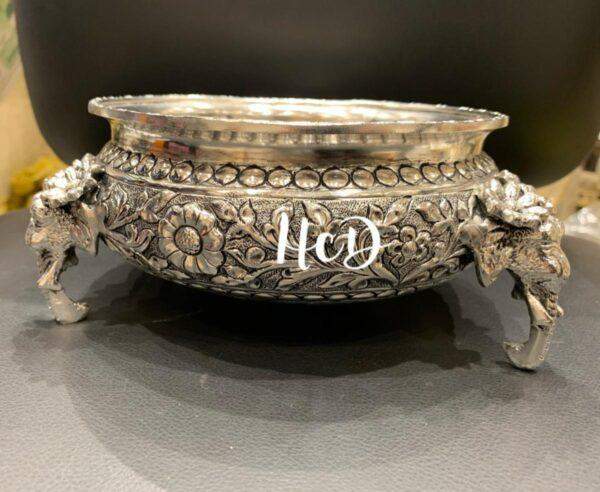 German Silver Urli with floral and elephant carvings - Image 2