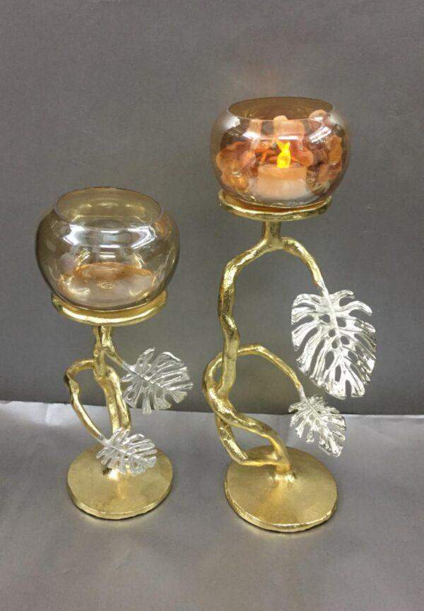 Metal two leaf candle stand with lustre glass