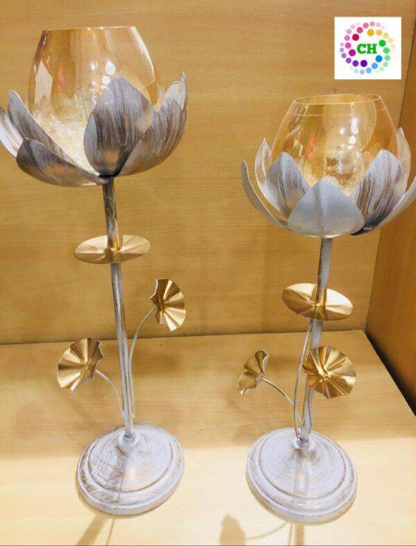Metal Candle stand 2pc set with glass