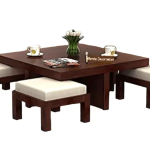 Center table solid wood framed with 4 cushion stools
