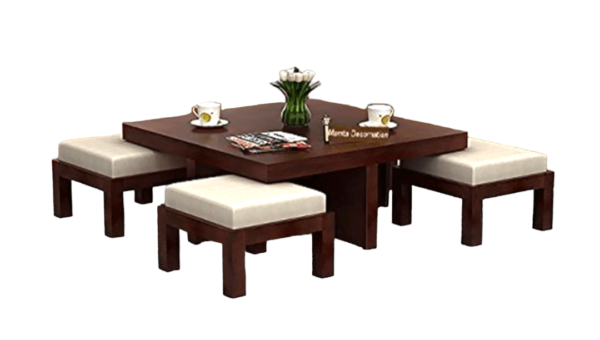 Center table solid wood framed with 4 cushion stools