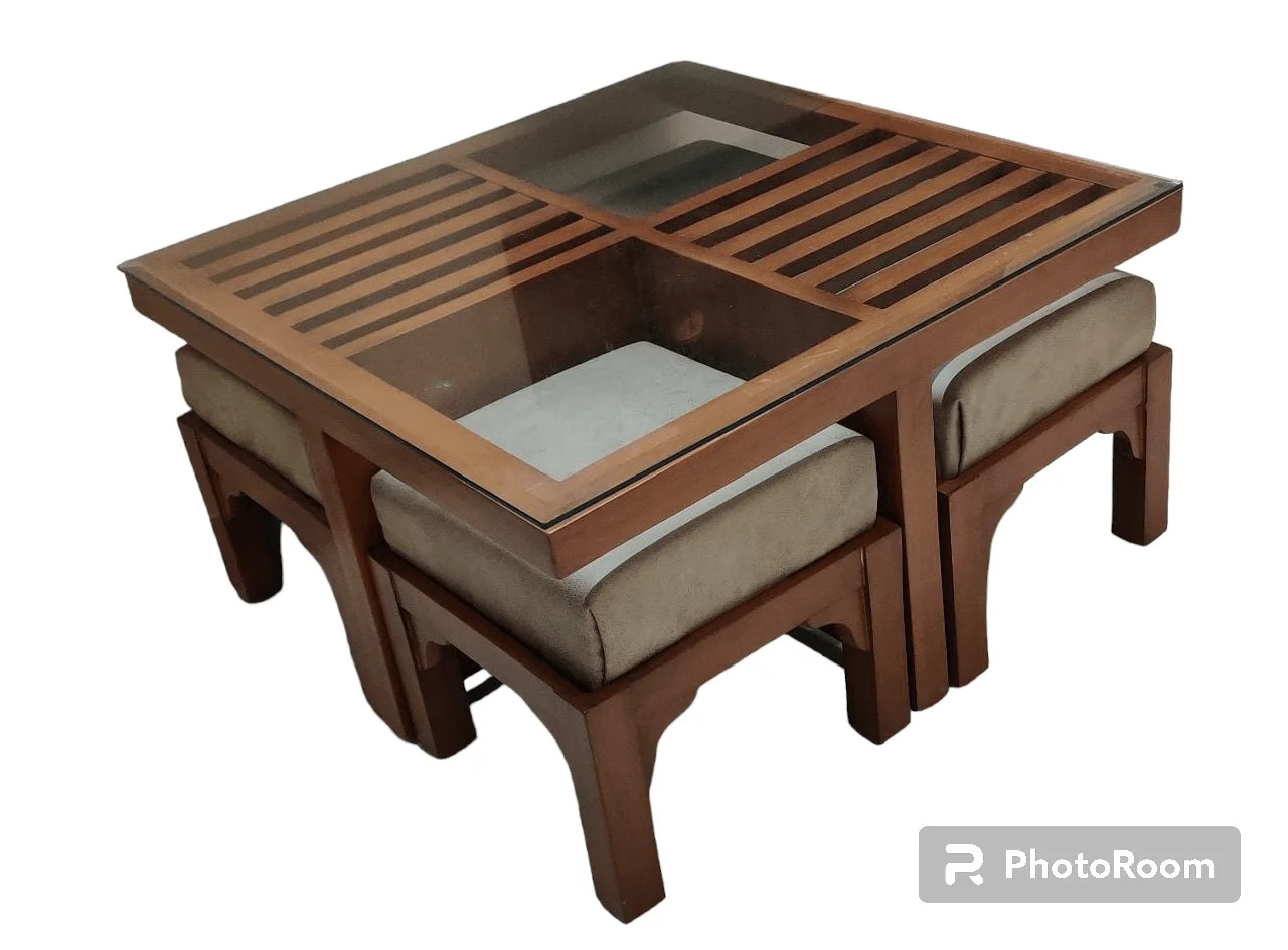 Center table solid wood with stools and cushions